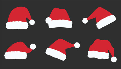 Obraz premium Set of santa claus hats, christmas red hats with white fur trim, vector illustration isolated on black