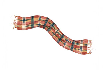 Obraz premium A long rectangular winter scarf with a classic red and beige tartan plaid pattern and frayed fringe edges isolated on a black background