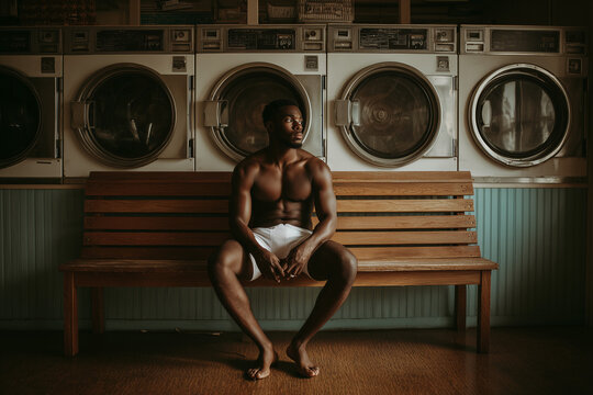 Attractive shirtless African American man waiting barefoot in modern laundromat&nbsp;