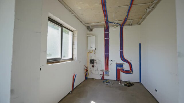 Newly installed heating system with gas boiler and colorful pipes showing on wall in unfinished utility room. Footage ideal for home renovation or HVAC services advertising