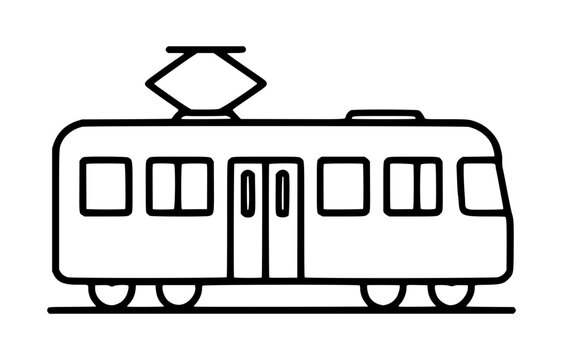 Hand-drawn black line vector illustration icon of a classic city tram with pantograph, doors, windows, and wheels on tracks, retro public transport graphic