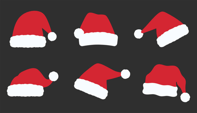 Set of santa claus hats, christmas red hats with white fur trim, vector illustration isolated on black