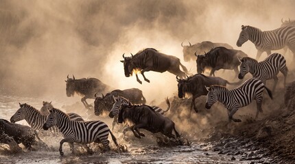 Obraz premium Clean, high-detail photo of a wild migration stampede and savanna conservation subject, ideal for nature publications.