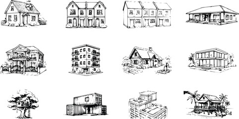 Obraz premium House Vector Collection – Hand Drawn Line Art Residential Homes, Modern, Traditional and Cottage Architecture Illustration Set
