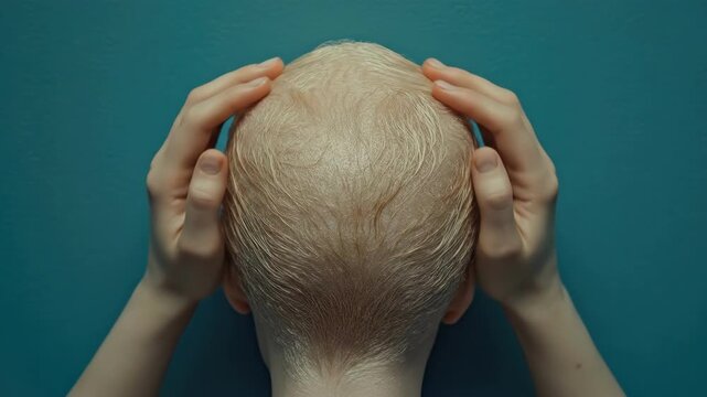 Bald caucasian young woman with hands on head against blue background