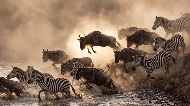 Clean, high-detail photo of a wild migration stampede and savanna conservation subject, ideal for nature publications.