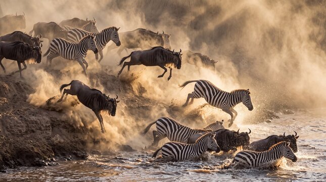 Vibrant outdoor nature scene tracking wildebeests and zebras as they push forward through a dusty African river bank.