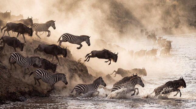 Zebras and wildebeests bravely plunge into a river crossing during the Serengeti migration cycle.