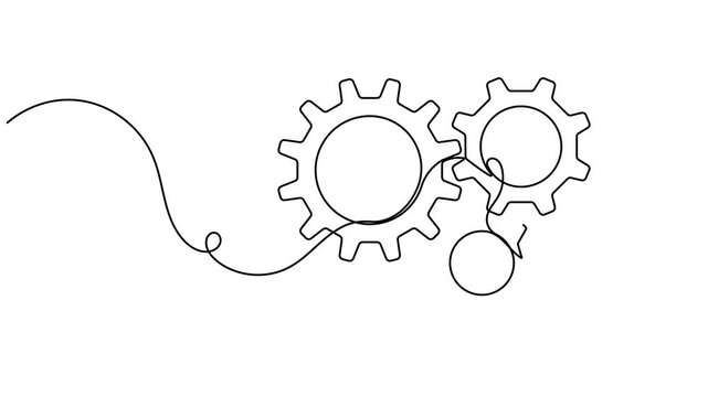 Three modern cog gears wheel icon sign continuous one line drawing moving on white background minimalist single art machinery equipment symbol animation video