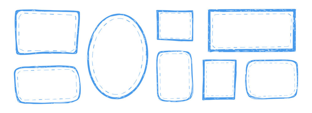Text box blue doodle frame set with stitched border. Dashed line decoration. Hand drawn doodle rectangle frames. Simple and elegant outlines featuring wavy, curly, and dashed lines.