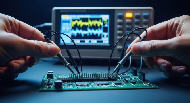 Engineer testing electronic circuit board with oscilloscope probes
