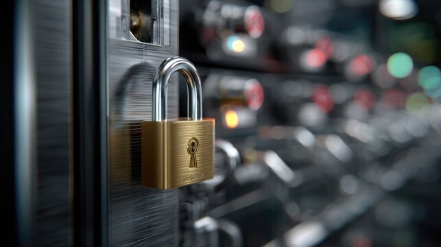 Secured Server Rack: A close-up of a golden padlock securing a server rack, symbolizing data protection and cybersecurity in a modern data center environment.