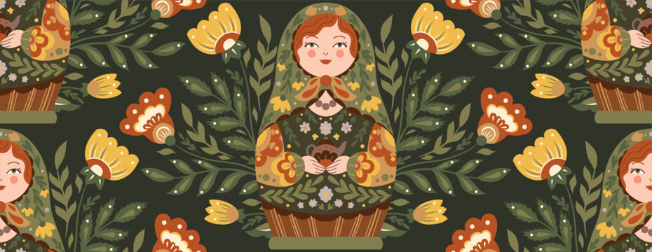Vector seamless ornament with a matryoshkas in folk art style and a floral decoration. Wallpaper with tracery Slavic souvenir.