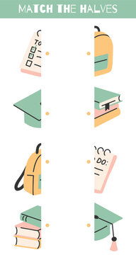 Vector educational game. back yo school. Find the half. Fun and matching activity with educational objects