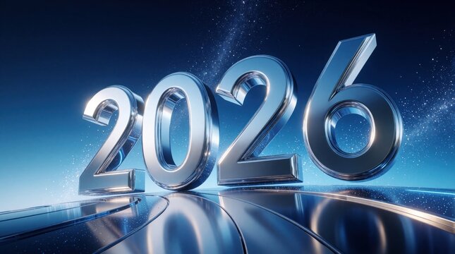 Futuristic 3D metallic numbers 2026 stand on reflective blue surface. Glowing particles float in dark space background. Modern graphic upcoming year, technological progress, new beginnings for