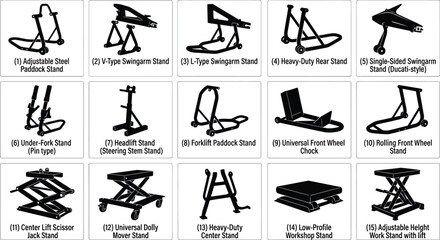 Obraz premium Set of motorcycle workshop stand featuring various lifting and support tools for garage repair and maintenance tasks
