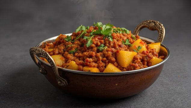 Minced meat with potatoes in a karahi, shown against a grey backdrop, featuring Pakistani and Indian spices.