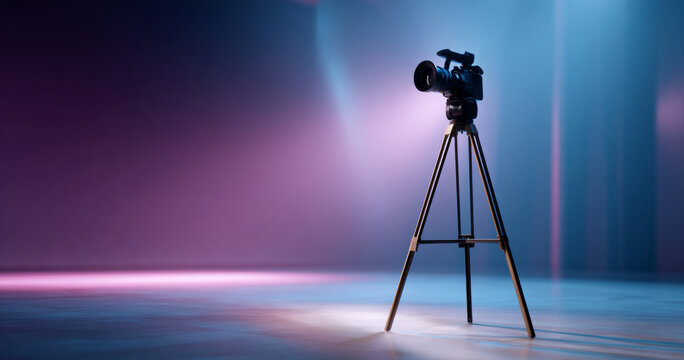 Professional video camera mounted on tripod in studio with colorful blue and pink lighting and soft shadows