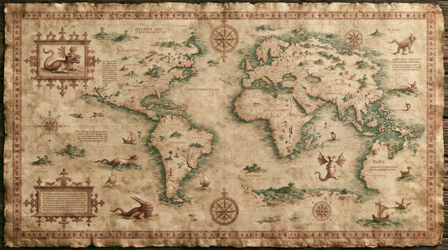 An old vintage world map illustrated on aged paper showing mythical sea creatures and ancient sailing ships across the oceans for a classic nautical travel concept