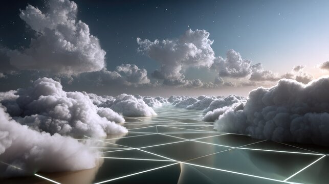 Celestial Pathways: A surreal landscape where fluffy clouds form ethereal pathways above a glowing geometric grid, creating a dreamlike panorama under a twilight sky.