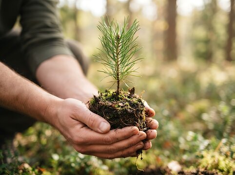 A close up view of a person holding a small green pine tree seedling with soil in their hands for reforestation
