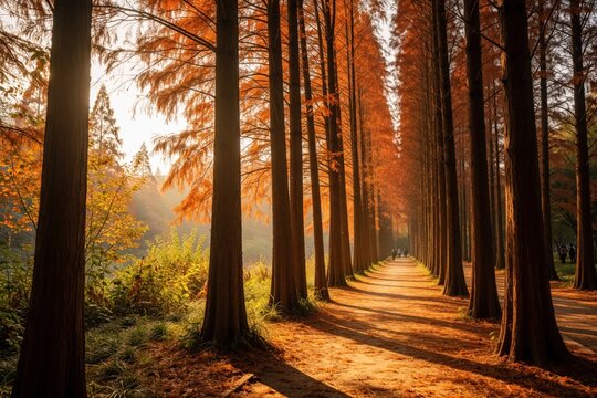 Autumn redwood forest pathway bathed in golden sunlight. Tall trees with orange foliage line dirt road. People walk in distance. Fallen leaves cover ground. Serene natural landscape.