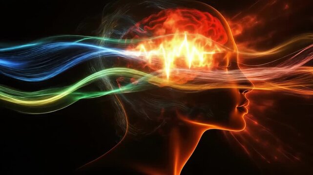 Silhouette of woman with colorful brain waves and neural energy concept