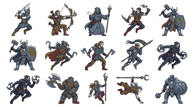 Collection of fantasy combat character sprites in action poses.