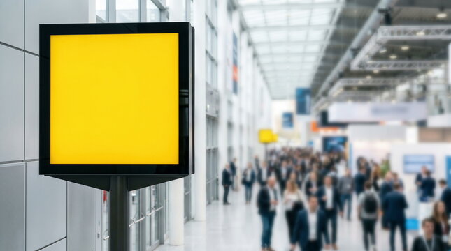 Blank yellow lightbox signboard displayed in busy exhibition hall with blurred crowd, advertising mockup concept