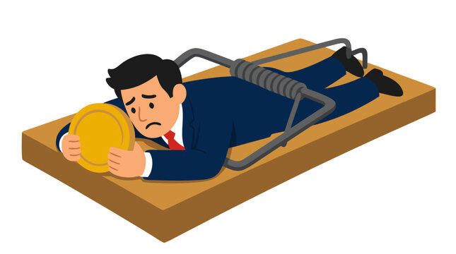 Stressed businessman trapped in mousetrap clutching gold coin, bold flat vector illustration on white background, finance and risk concept