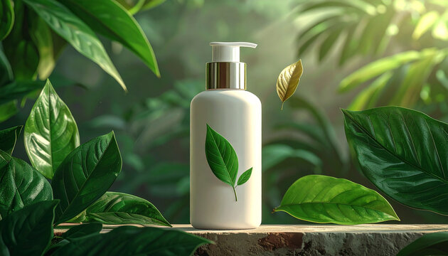 Natural Skincare Bottle in Green Foliage
