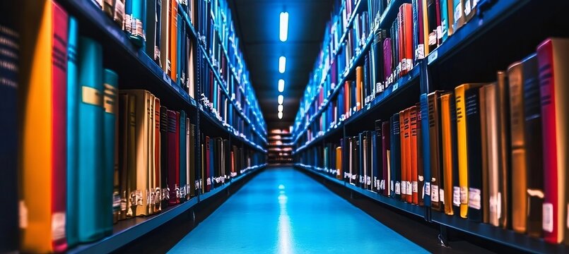 Futuristic archive library with endless rows of bookshelves containing comprehensive academic record