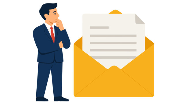 Thoughtful businessman in dark suit contemplating open yellow envelope with document letter, decision making concept, flat vector illustration, businessman reviewing mail, corporate communication