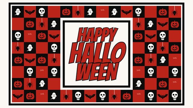 A bold 4K looping animation with "HAPPY HALLOWEEN" in a central frame, surrounded by a red and black checkerboard border filled with flat spooky icons. Ideal for holiday intros.