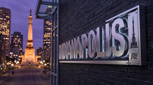 Indianapolis Motor Speedway Sign at Dusk with Monument