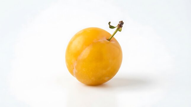Single ripe yellow plum fruit isolated on a clean white background, fresh organic dessert ingredient