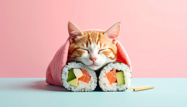 Cute Cat Wrapped Around Sushi
