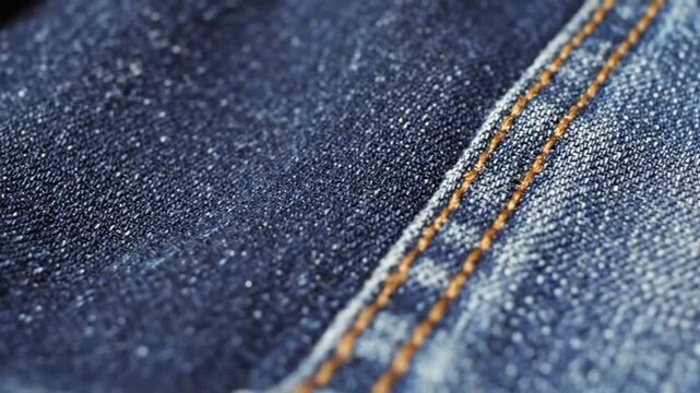 Close up view of the dark blue denim fabric texture with orange stitching for a stylish design concept