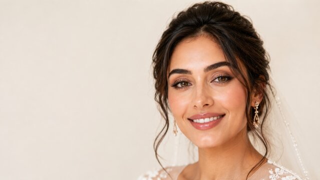 Beautiful smiling bride with natural bridal makeup and glowing healthy skin, elegant wedding portrait featuring radiant complexion, graceful hairstyle and timeless beauty 