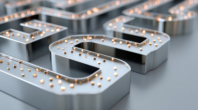 A close-up of a metallic, illuminated sign spelling out FUTUR in capital letters with glowing bulbs on the edges and spaces between each letter filled with small copper-colored studs