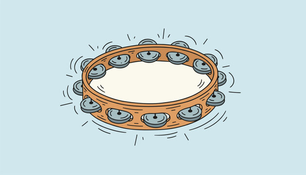 Hand-drawn colored illustration of a wooden tambourine with metal jingles shaking and producing sound, shown at an angled perspective.
