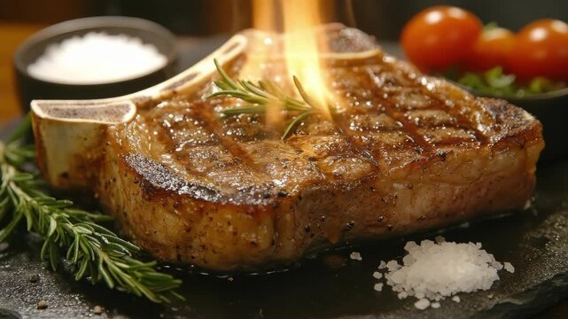Juicy grilled t-bone steak with rosemary and cherry tomatoes on stone plate