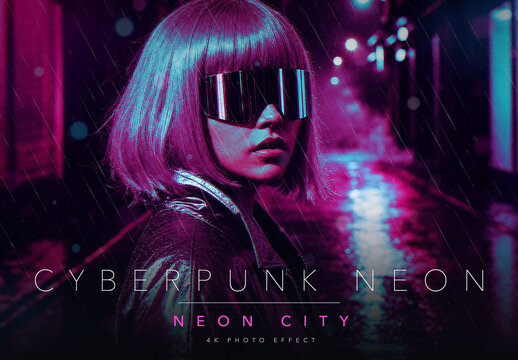 Cyberpunk Neon Photo Effect Template - Futuristic Magenta and Cyan Split Tone Night City Glow with Rain Streaks and Chromatic Aberration Look