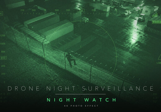Green Night Vision Drone Photo Effect Template - Aerial Surveillance HUD Overlay Infrared Low Light Military Camera Look