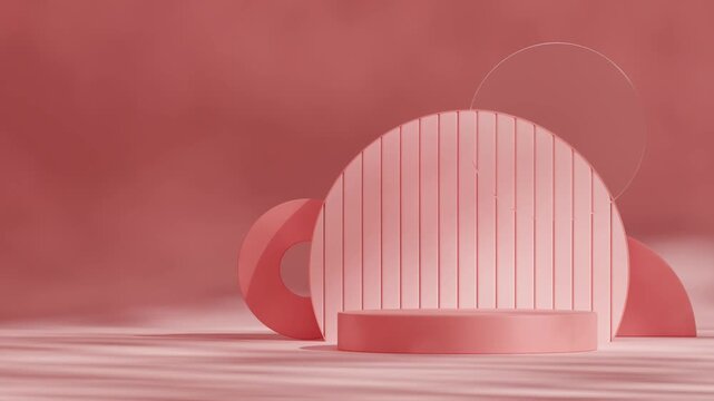 glass circle and shape backdrop in 3d video render of scene template pink color cylinder podium seamless shadow animation looping