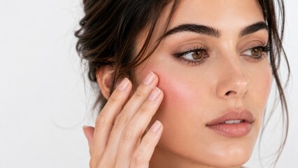 Obraz premium Beautiful young woman applying cream blush with fingertips on glowing healthy skin, close up beauty portrait with natural makeup, radiant complexion and skincare wellness 