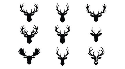 Obraz premium Set of deer head silhouettes, vector collection of stag and moose icons