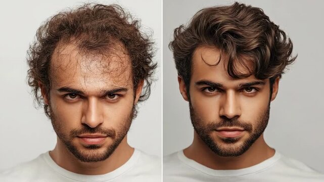 Hair transformation of young caucasian man with before and after comparison