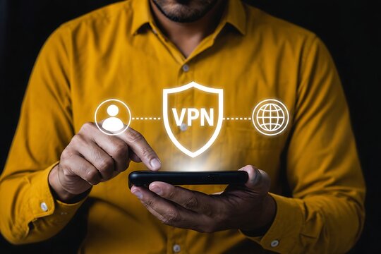 Man in yellow shirt using smartphone with glowing vpn security shield interface