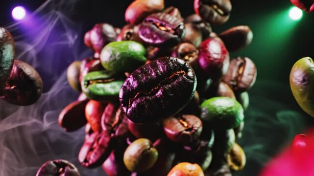 Artistic close-up of colorful roasted coffee beans floating in smoke with purple and green spotlights.
